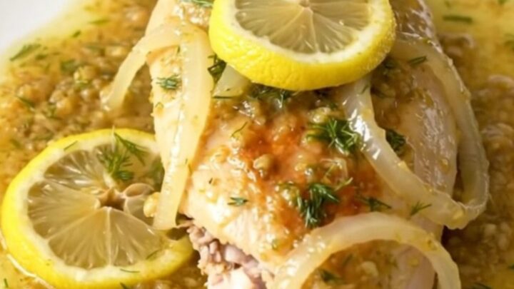 A close-up of tender, slow-cooked lemon dill chicken breasts served on a plain white plate.
