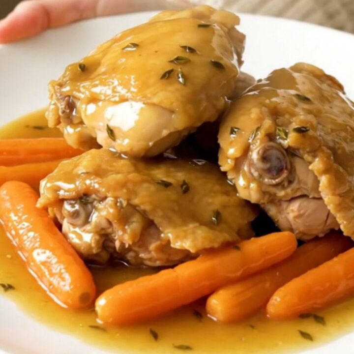 A close-up of tender chicken thighs and bright orange baby carrots in a honey thyme glaze.