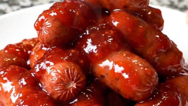 A slow cooker filled with glazed mini sausages, resembling spooky witch fingers for a Halloween party.