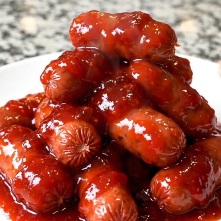 A slow cooker filled with glazed mini sausages, resembling spooky witch fingers for a Halloween party.