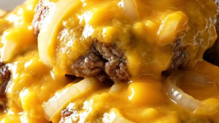 A close-up of tender beef patties smothered in a rich, creamy cheddar cheese sauce in a slow cooker.