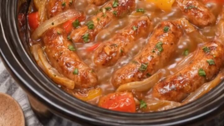 Slow cooker sausage and peppers garnished with fresh parsley on a rustic wooden table.