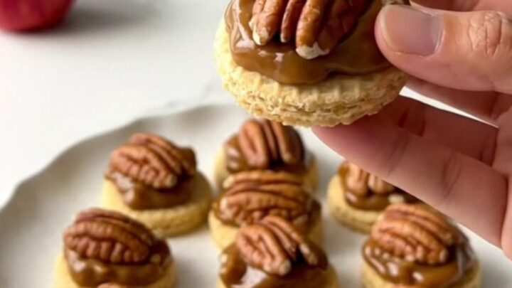A close-up shot of no-bake pecan pie bites arranged on a plate, featuring a vanilla wafer base, a brown sugar pecan filling