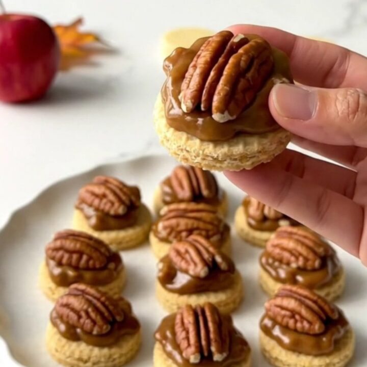 A close-up shot of no-bake pecan pie bites arranged on a plate, featuring a vanilla wafer base, a brown sugar pecan filling