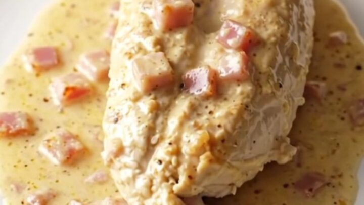 A serving of creamy slow cooker chicken cordon bleu with ham and melted Swiss cheese on a plate.