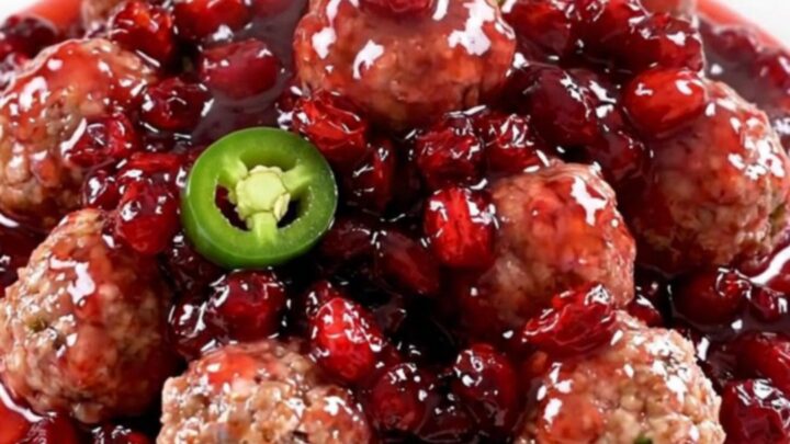 A close-up of a slow cooker filled with turkey meatballs coated in a glossy, dark red cranberry and jalapeno sauce.