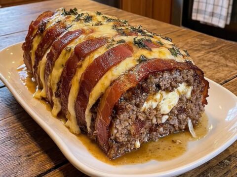 A perfectly baked, bacon-wrapped meatloaf on a white platter, glistening with melted cheese.
