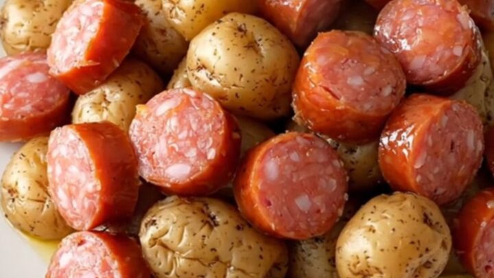 A close-up of a slow cooker filled with golden baby potatoes and sliced smoked sausage