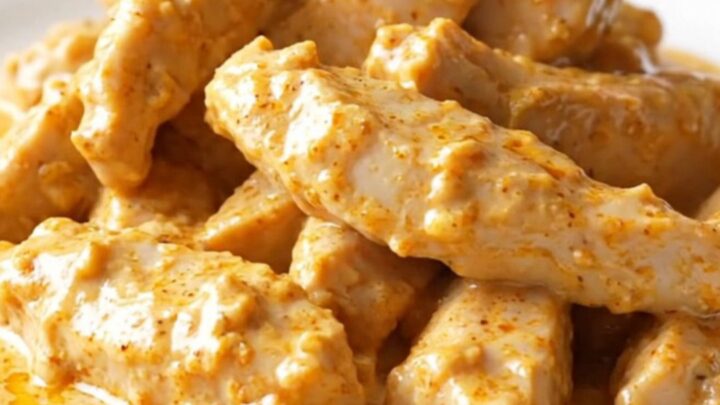A close-up of creamy Crockpot Chicken Lazone in a slow cooker, showing tender chicken coated in a rich