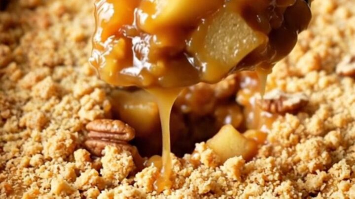 A golden, bubbling salted caramel apple pecan dump cake in a rectangular baking dish.