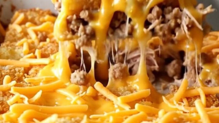 A top-down view of a golden, crispy cheeseburger potato tot bake in a white ceramic dish.