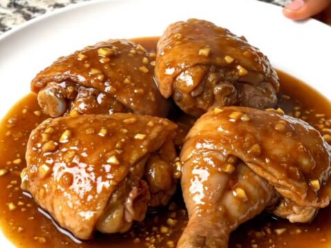Close-up of slow-cooked brown sugar garlic chicken thighs in a black ceramic slow cooker with a serving spoon.