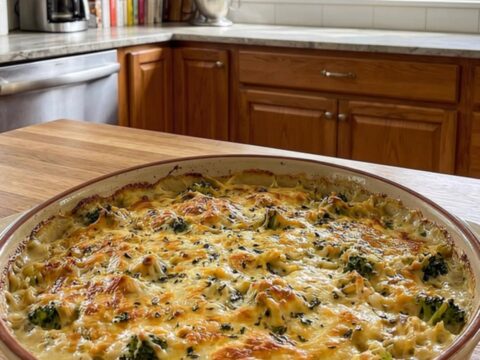 A close-up of a creamy chicken and orzo casserole in a ceramic dish, showing a golden-brown cheesy crust.