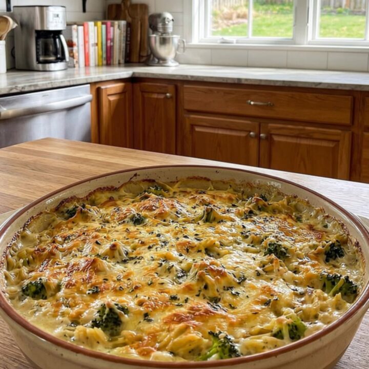 A close-up of a creamy chicken and orzo casserole in a ceramic dish, showing a golden-brown cheesy crust.