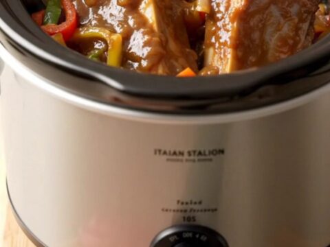 A slow cooker filled with tender boneless pork ribs, bell pepper strips, and onions in a savory Italian sauce.