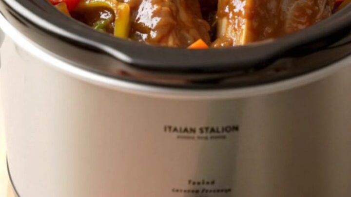 A slow cooker filled with tender boneless pork ribs, bell pepper strips, and onions in a savory Italian sauce.