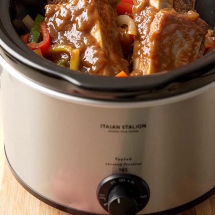 A slow cooker filled with tender boneless pork ribs, bell pepper strips, and onions in a savory Italian sauce.