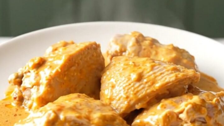 A top-down view of cooked chicken thighs in a slow cooker, covered in a creamy