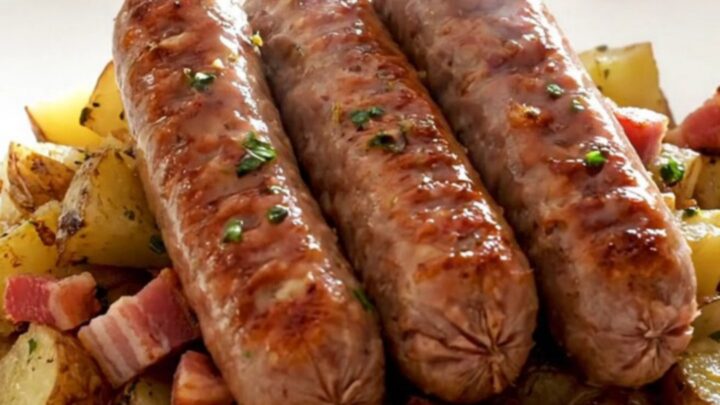 A white plate topped with braised bratwurst, tender red potato rounds, and crispy bacon in a tangy sauce.