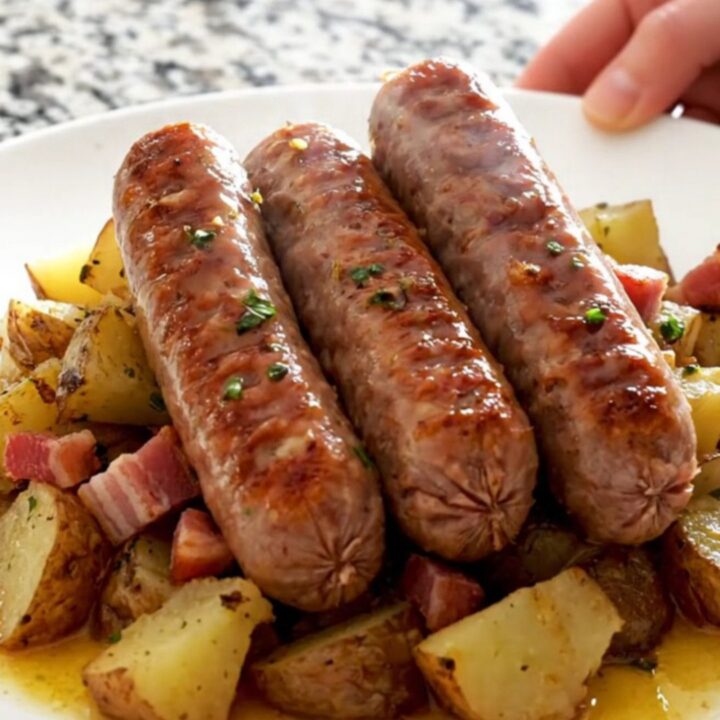 A white plate topped with braised bratwurst, tender red potato rounds, and crispy bacon in a tangy sauce.