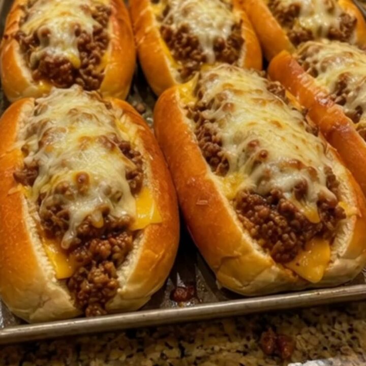 A close-up of a warm, cheesy ground chicken and bell pepper sub with a dramatic cheese pull.