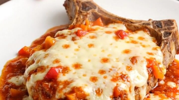 A stainless steel slow cooker filled with tender pork chops, peppers, onions, and melted mozzarella cheese.