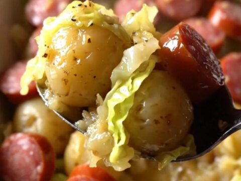 A top-down view of a rectangular baking dish filled with raw cabbage, halved potatoes, and smoked sausage coins.