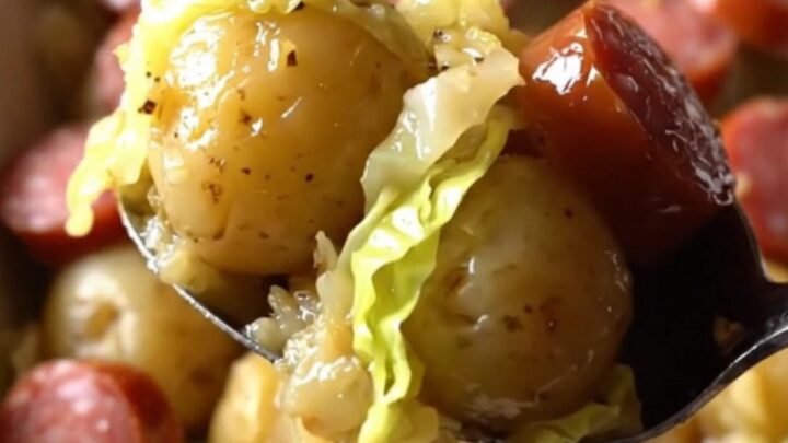 A top-down view of a rectangular baking dish filled with raw cabbage, halved potatoes, and smoked sausage coins.