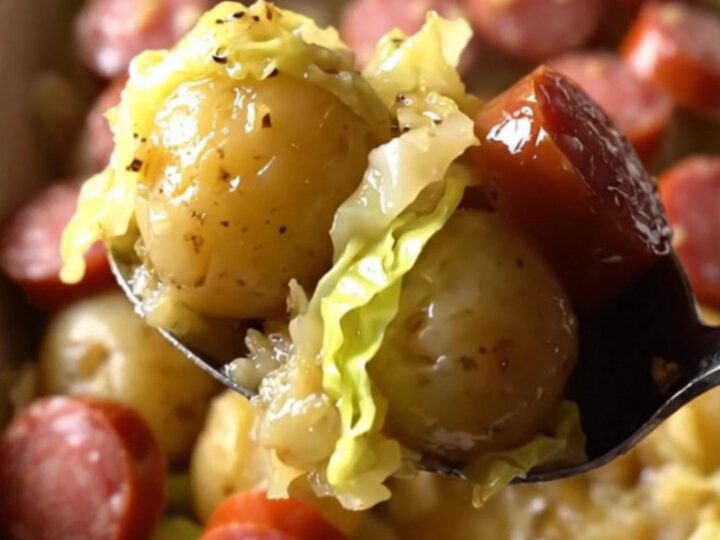 A top-down view of a rectangular baking dish filled with raw cabbage, halved potatoes, and smoked sausage coins.