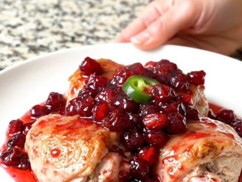 A close-up of slow-cooked chicken thighs coated in a rich, glossy cranberry and jalapeno sauce.