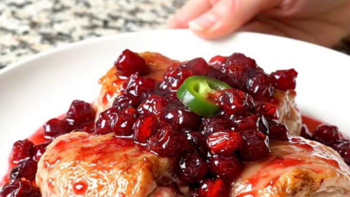 A close-up of slow-cooked chicken thighs coated in a rich, glossy cranberry and jalapeno sauce.