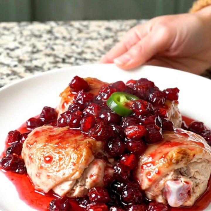 A close-up of slow-cooked chicken thighs coated in a rich, glossy cranberry and jalapeno sauce.