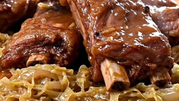 A close-up of tender, slow-cooked spareribs served alongside a generous portion of braised sauerkraut.