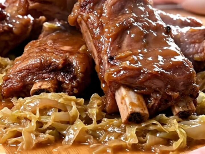 A close-up of tender, slow-cooked spareribs served alongside a generous portion of braised sauerkraut.