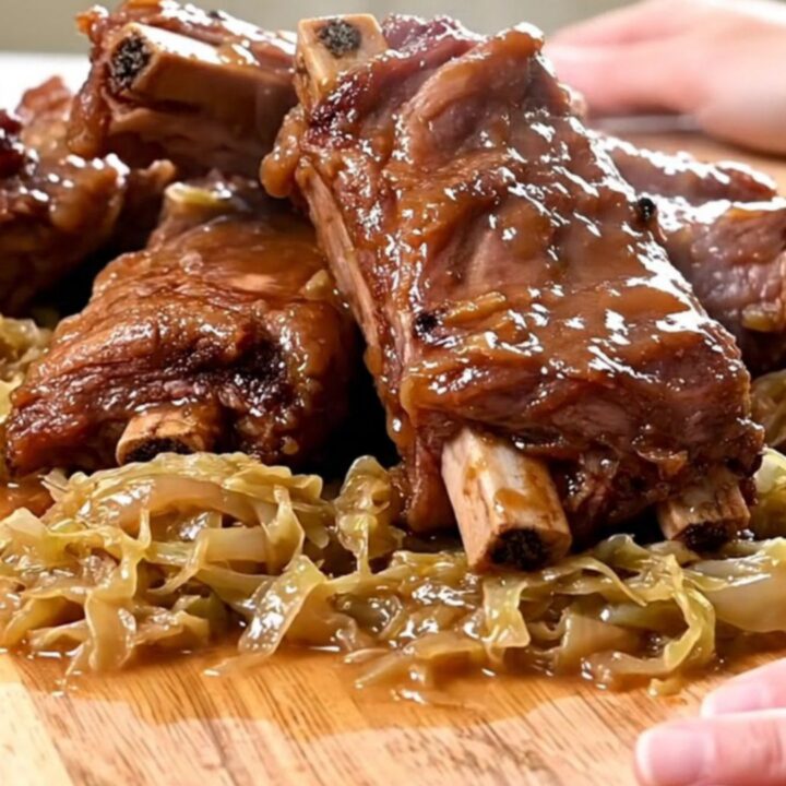 A close-up of tender, slow-cooked spareribs served alongside a generous portion of braised sauerkraut.