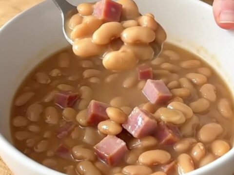 A rustic bowl of creamy Southern pinto beans with tender ham cubes and a light garnish.
