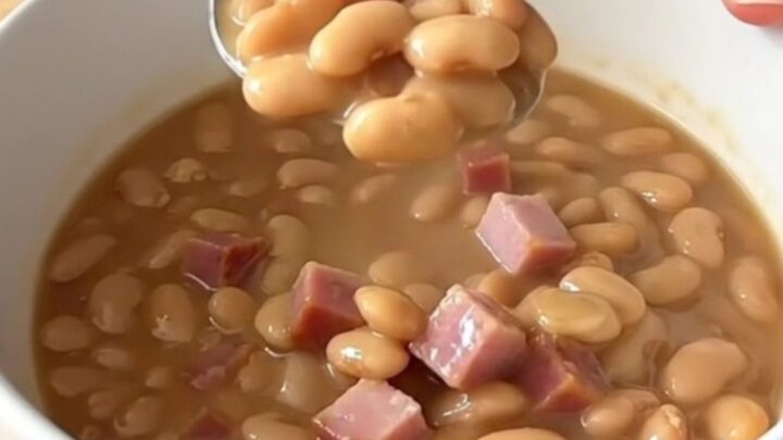 A rustic bowl of creamy Southern pinto beans with tender ham cubes and a light garnish.