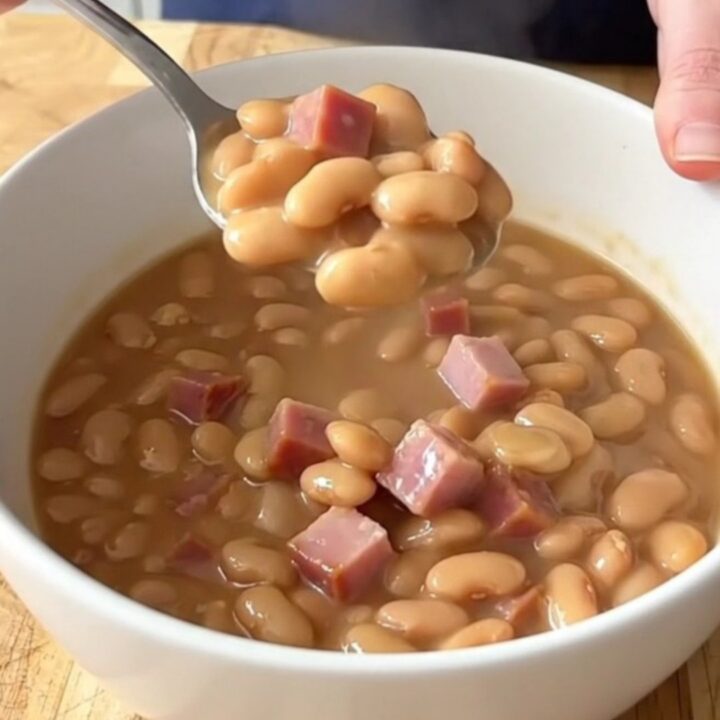 A rustic bowl of creamy Southern pinto beans with tender ham cubes and a light garnish.