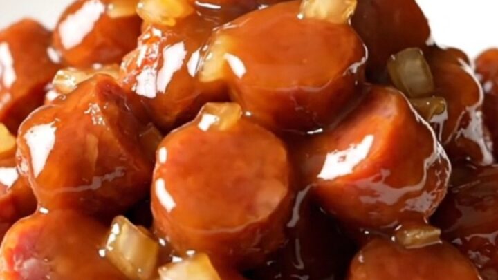 A slow cooker filled with golden-brown kielbasa coins coated in a thick, shiny honey barbecue sauce with bits of onion.