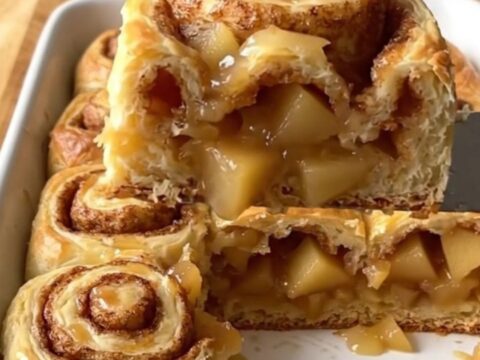 A golden, baked apple pie cinnamon roll dish in a white ceramic pan on a wooden counter.