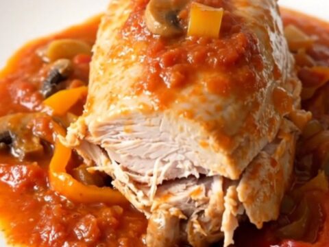 A plate of slow cooker turkey cacciatore with peppers and mushrooms in tomato sauce.