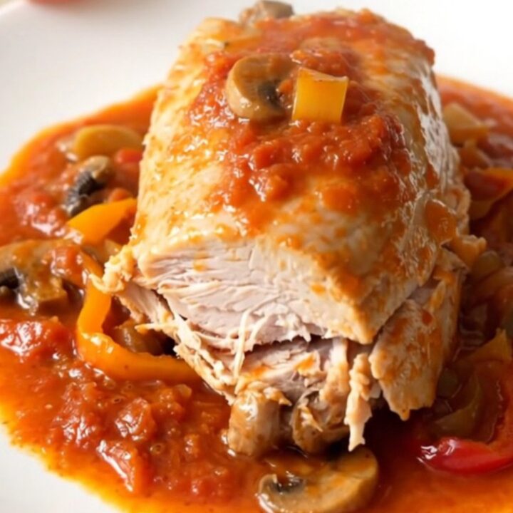A plate of slow cooker turkey cacciatore with peppers and mushrooms in tomato sauce.
