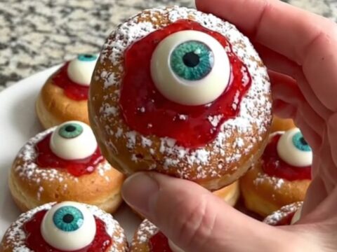 A platter filled with spooky eyeball mini donuts featuring red jam centers and candy eyes.