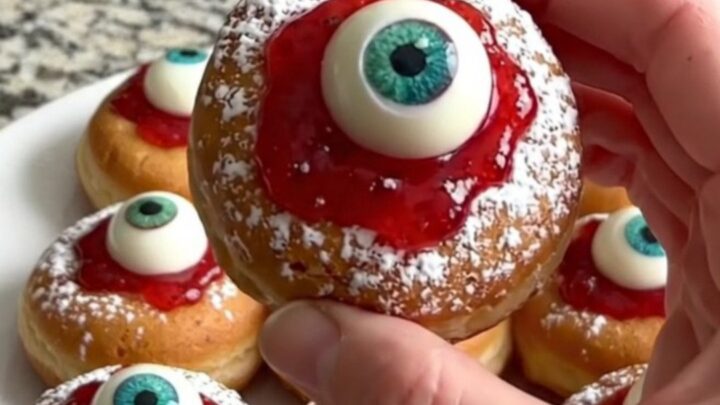 A platter filled with spooky eyeball mini donuts featuring red jam centers and candy eyes.