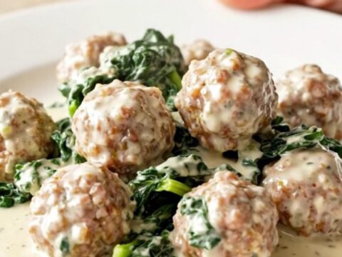 A high-angle view of a slow cooker filled with creamy turkey meatballs, wilted spinach, and rich Alfredo sauce.