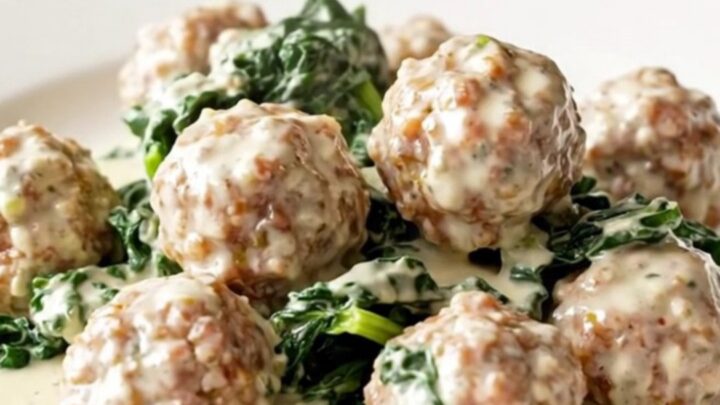 A high-angle view of a slow cooker filled with creamy turkey meatballs, wilted spinach, and rich Alfredo sauce.