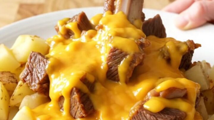 A close-up of slow-cooked beef tips and soft potato chunks smothered in a rich, creamy cheddar sauce in a slow cooker.