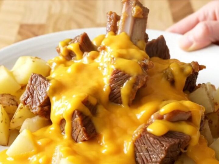 A close-up of slow-cooked beef tips and soft potato chunks smothered in a rich, creamy cheddar sauce in a slow cooker.