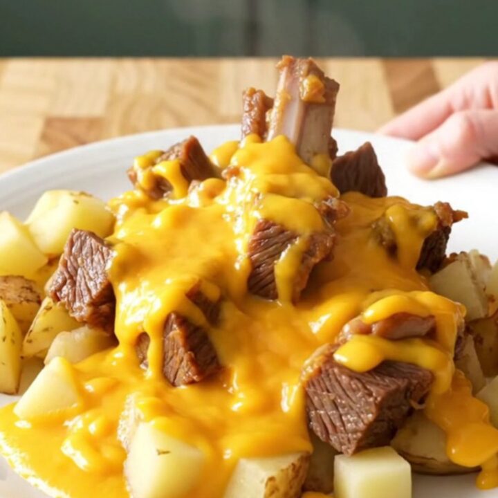 A close-up of slow-cooked beef tips and soft potato chunks smothered in a rich, creamy cheddar sauce in a slow cooker.