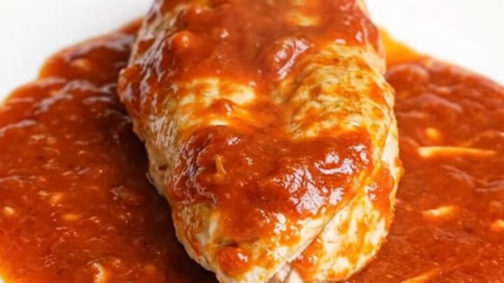 A serving spoon lifting a tender chicken breast coated in thick, cheesy marinara sauce from a black slow cooker.